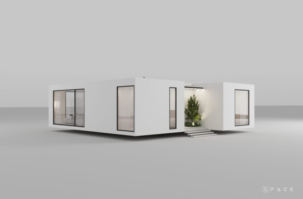 A rendered example of white Modular Construction Vietnam, a modern contemporary architecture and design.