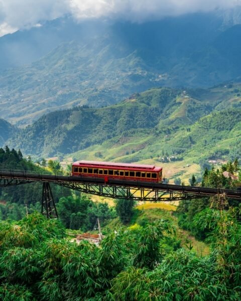 Beautiful landscape with mountain view on the train while going to Fansipan mountain in Sapa city, Vietnam.