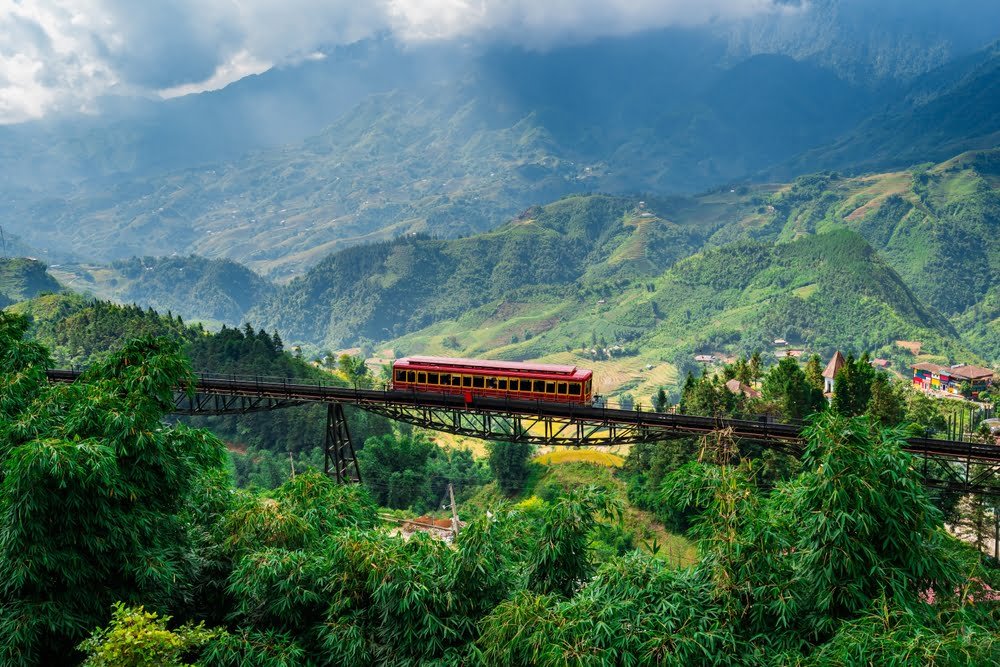 Beautiful landscape with mountain view on the train while going to Fansipan mountain in Sapa city, Vietnam.