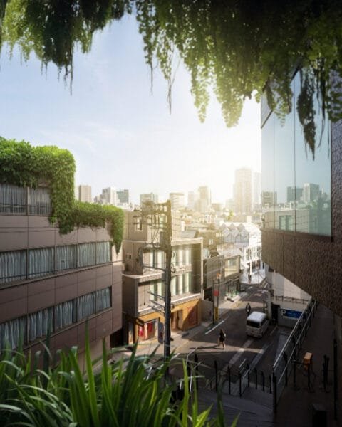 Urban scene with greenery-covered buildings and reflective glass facade in Vietnam, overlooking a sunlit street and representing Vietnam Green Building Trends.