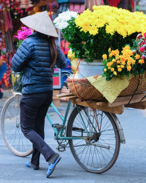 A woman pushing a bicycle loaded with vibrant flowers on a busy Vietnamese street, symbolising Vietnam Construction Labor Market.