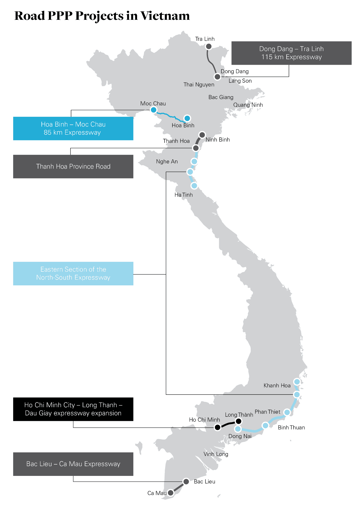 Map of Vietnam showing various road PPP (Public-Private Partnerships Vietnam) project locations.